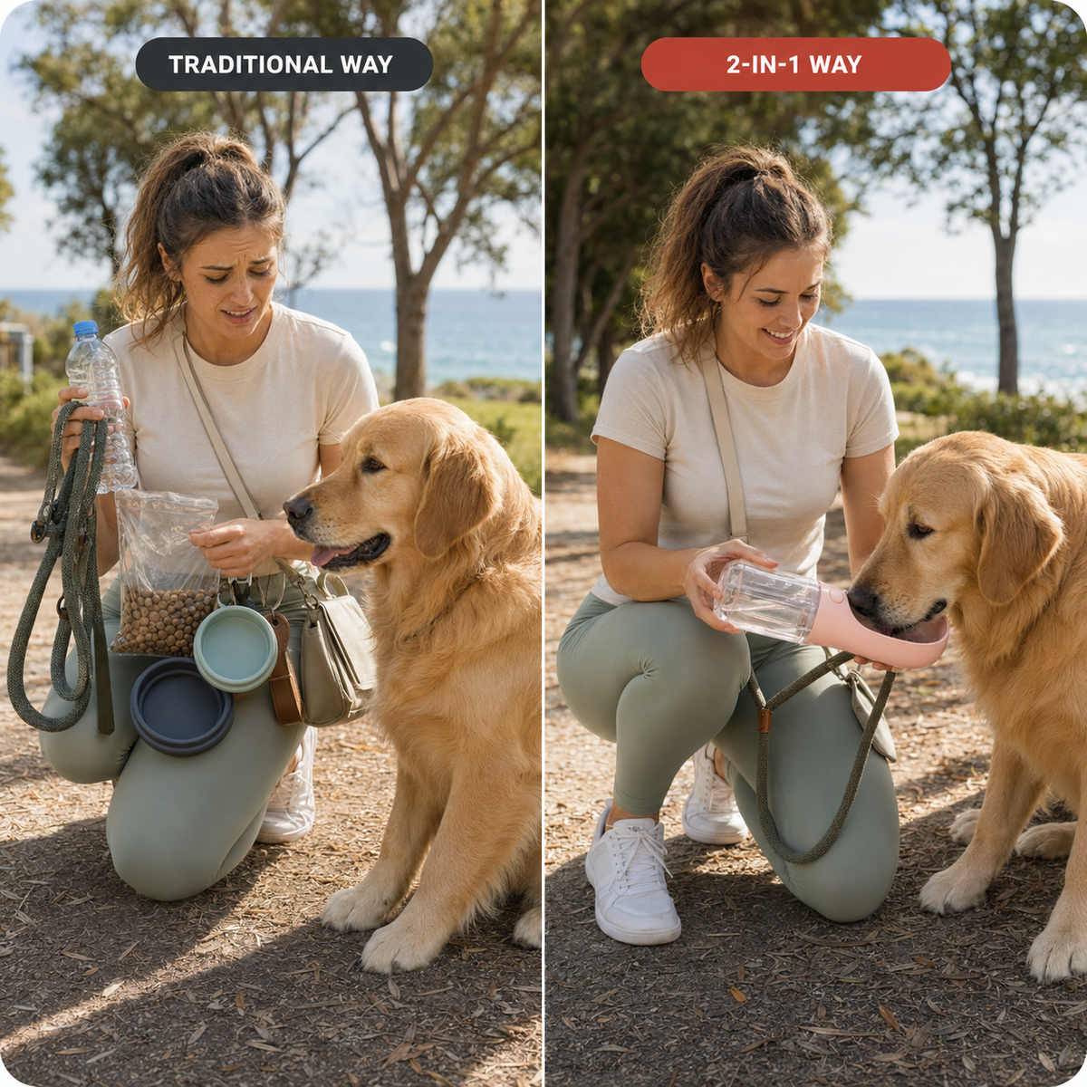 Dog owner comparing a separate water bottle and bowl with the HydraPup 2-in-1 dog water bottle